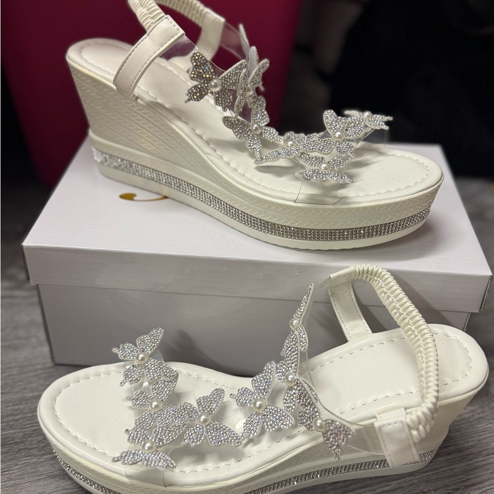 Elegant White Wedge Sandals with Rhinestone Butterflies